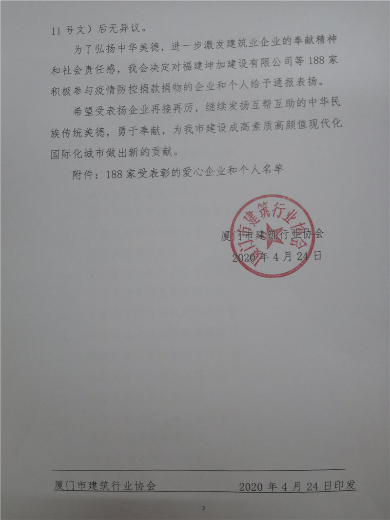 廈門市建筑行業(yè)協(xié)會對新冠肺炎疫情捐款捐物的企業(yè)給予通報表揚